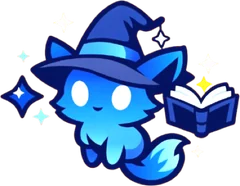 Beacon, a blue spirit cat in a wizard hat with a spellbook