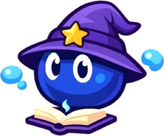 Buoy, a blue blob in a wizard hat, sitting on a book