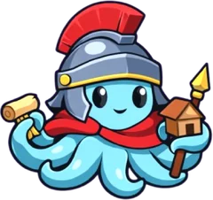 Commodore Inkwell VII, an octopus in a plumed helmet, carrying a little house