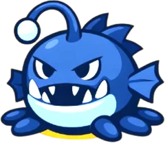 Snaggle, a spiky blue anglerfish, all teeth