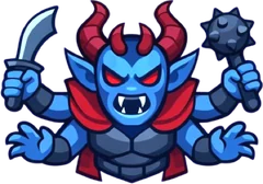 Squall, a four-armed blue demon with a weapon in each hand