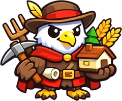 Thresher, an eagle farmer with a pitchfork and a little house
