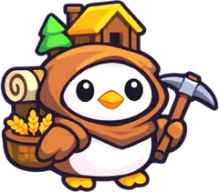 Wren, a penguin carrying a whole house and a pickaxe