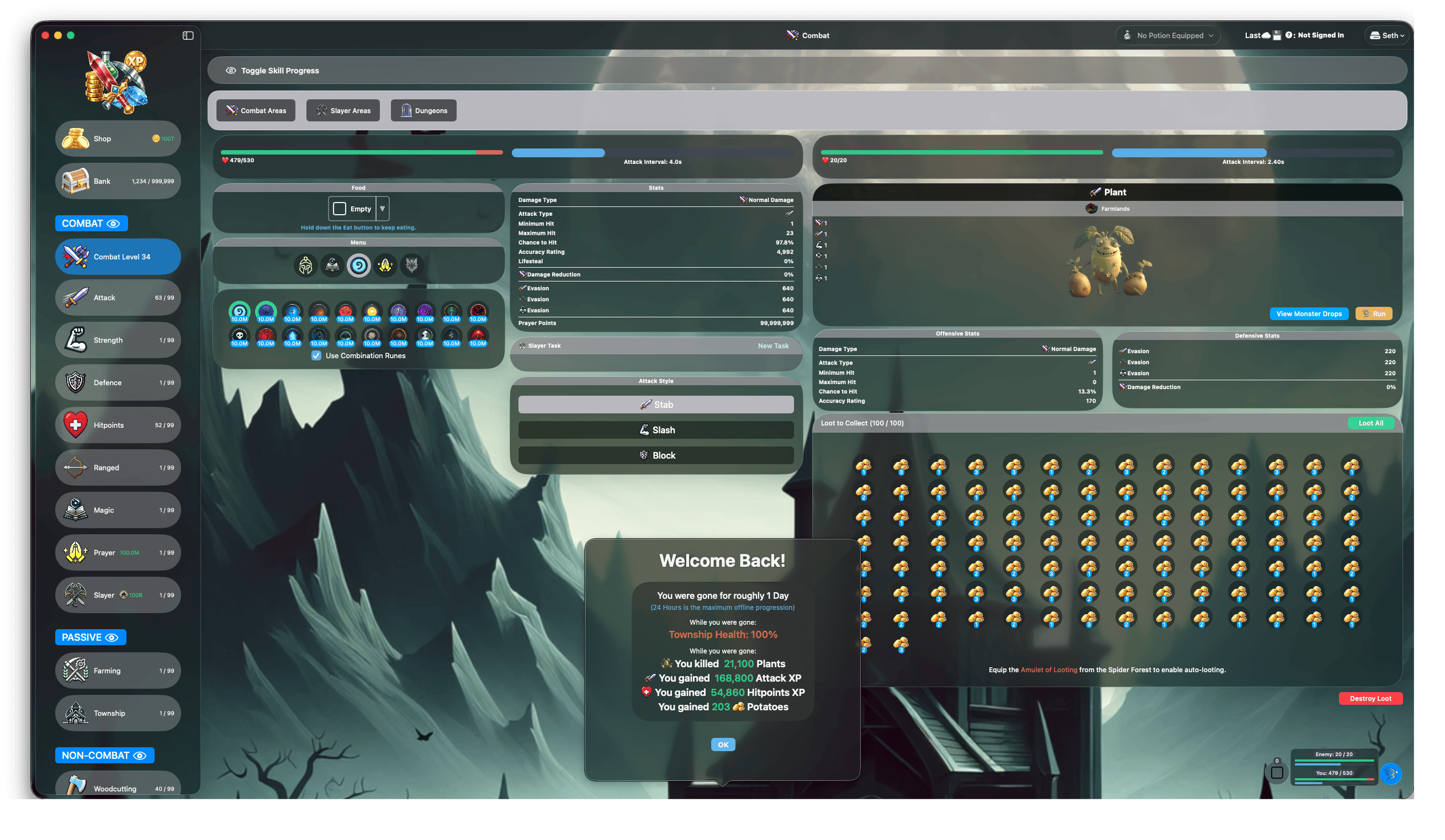 Tideward on Mac, combat interface with offline progression summary