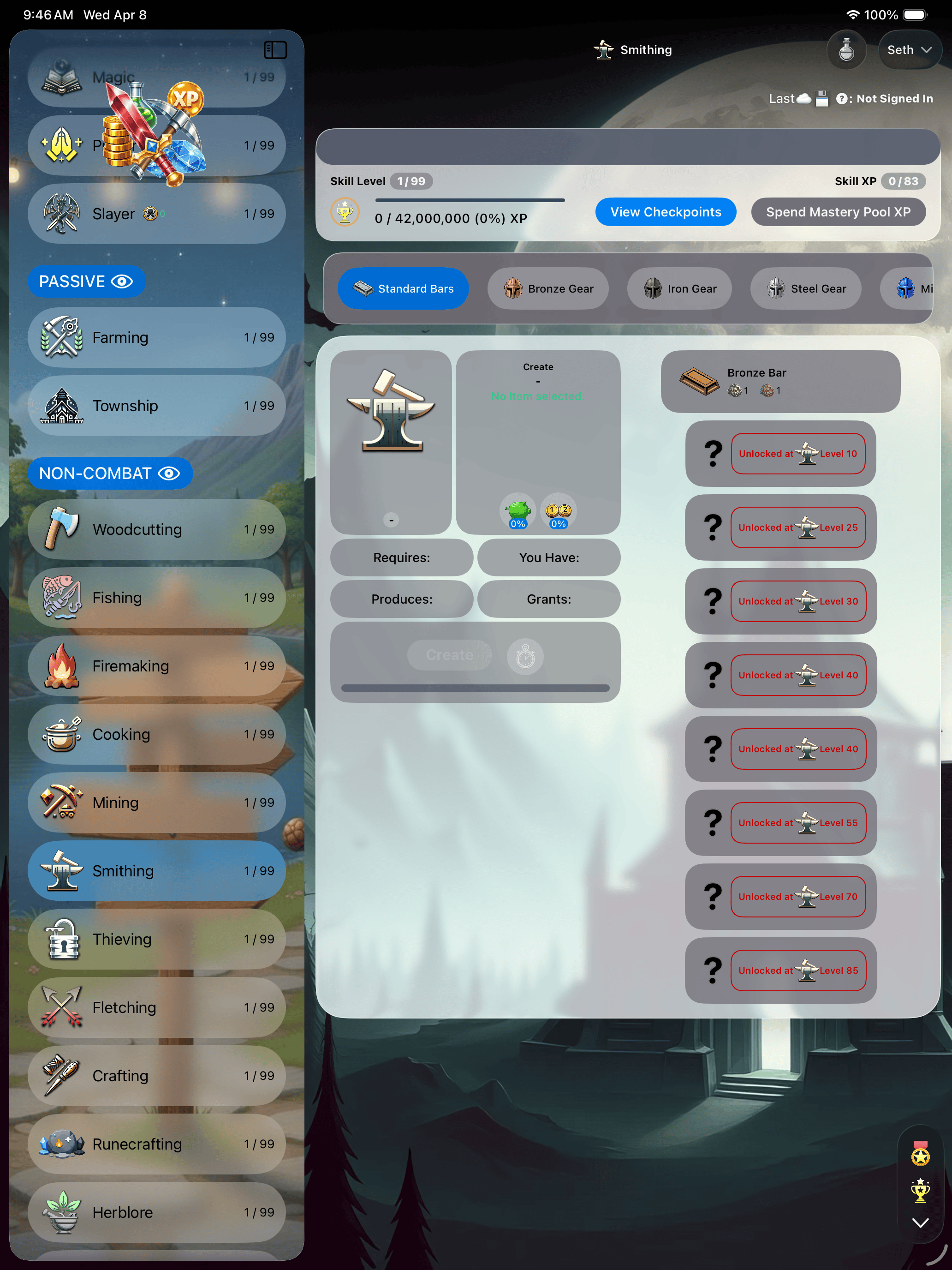 Tideward on iPad, Forging trade with full almanac visible