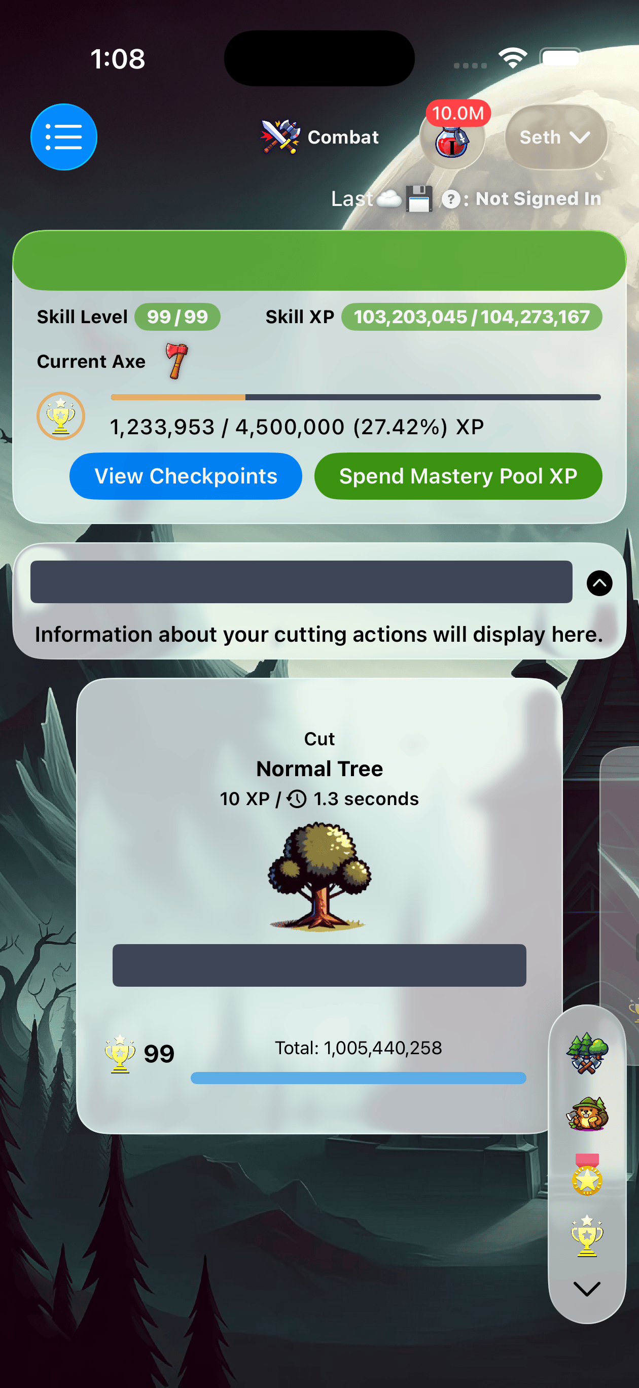 Tideward on iPhone, Woodcutting trade progression and inventory
